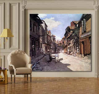 Olieverfschilderij Rue de Bavolle van Claude Monet, toont een zonnige Europese dorpsstraat met bewoners, perfect voor liefhebbers van romantische, moderne kunst.