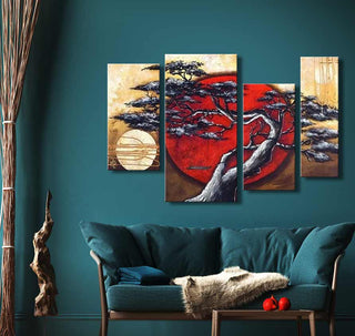 Handgeschilderd Bonsai Boom – Olieverf 4-Luik, toont een silhouet van een bonsai boom voor een rode zon, perfect voor natuur geïnspireerde interieurs.