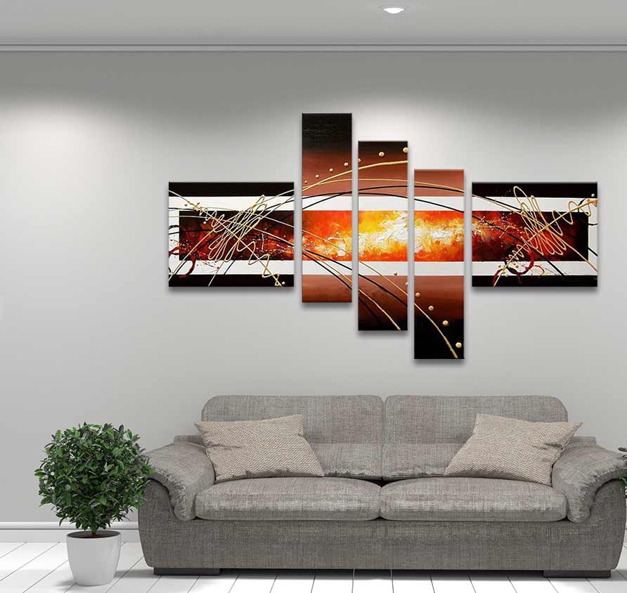 Entangled Energy – Olieverf 5-Luik, abstracte kunst met moderne vormen, paletmes techniek, boven een grijze bank. Klaar om op te hangen, geen lijst nodig.