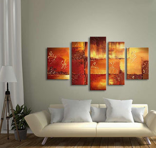 Heet Staal – Olieverf 5-Luik: Abstracte kubistische vormen in vurige tinten, handgeschilderd op canvas, gespannen op houten frame, perfect voor moderne interieurs.