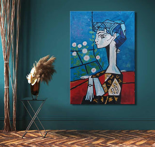 Annabella En Profil 1 painting in cubist style, depicting a profile figure at a red table with roses. Hand-painted abstract art, ready to hang.