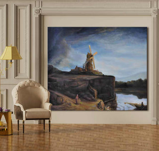 Rembrandt van Rijn – Molen bij Gorkum: Klassiek olieverfschilderij met molen aan rivier, perfect in elegante zitkamer met crèmekleurige stoel en theeservies.