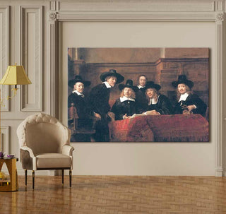 Rembrandt van Rijn – De Staalmeesters: Zes heren rond een tafel, klassiek geschilderd. Handgeschilderd olieverf op hoogwaardig doek, klaar om op te hangen.