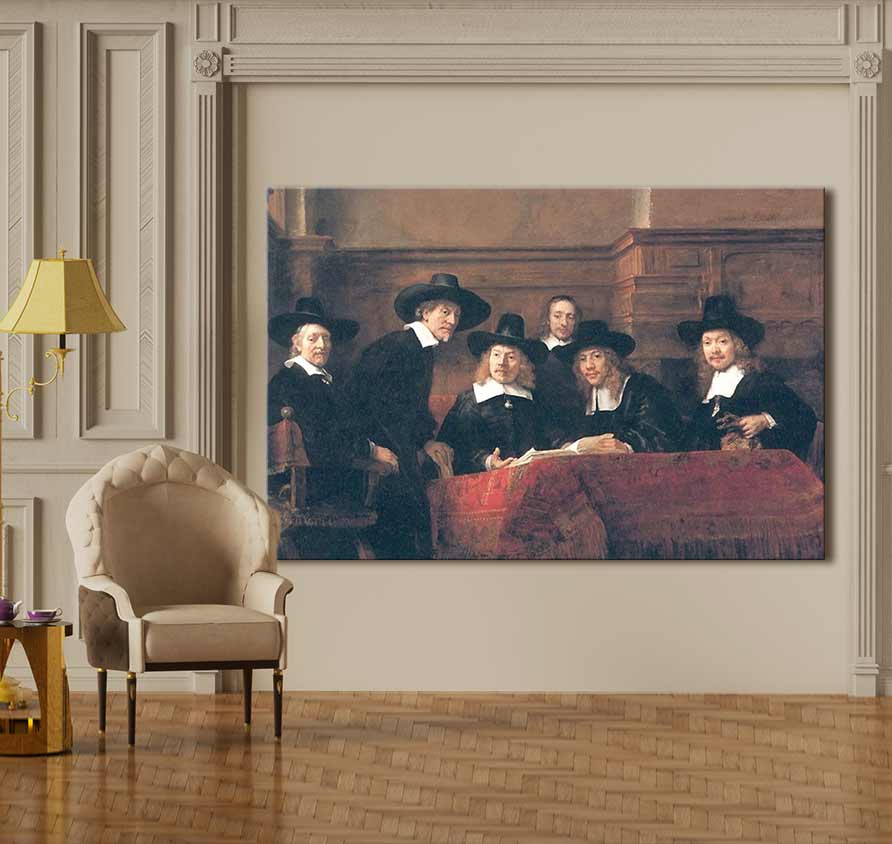 Rembrandt van Rijn – De Staalmeesters: Zes heren rond een tafel, klassiek geschilderd. Handgeschilderd olieverf op hoogwaardig doek, klaar om op te hangen.