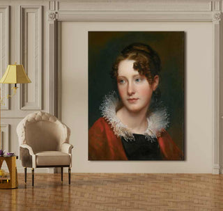 Rembrandt van Rijn – Portret van Roselba in een klassieke salon met een crèmekleurige stoel en houten tafeltje, perfect voor liefhebbers van oude Hollandse kunst.