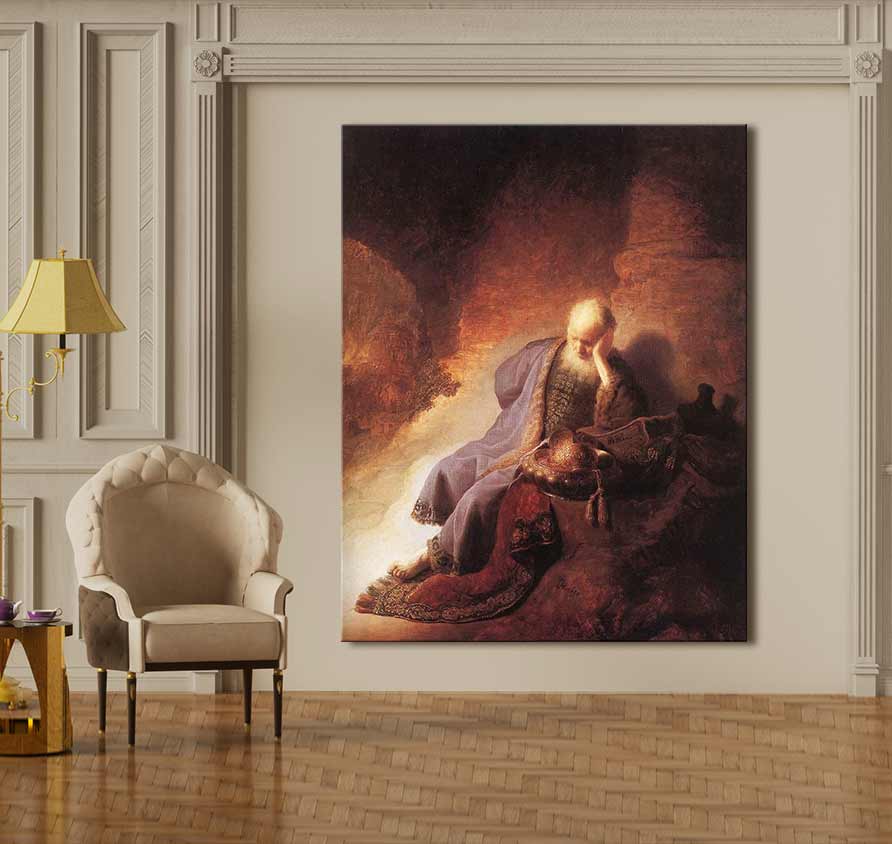 Rembrandt van Rijn – Jeremiah klaagt over de vernietiging: Elegant geschilderd olieverfportret van een gekwelde man in een grot, perfect voor klassieke kunstliefhebbers, inclusief ophangsysteem.