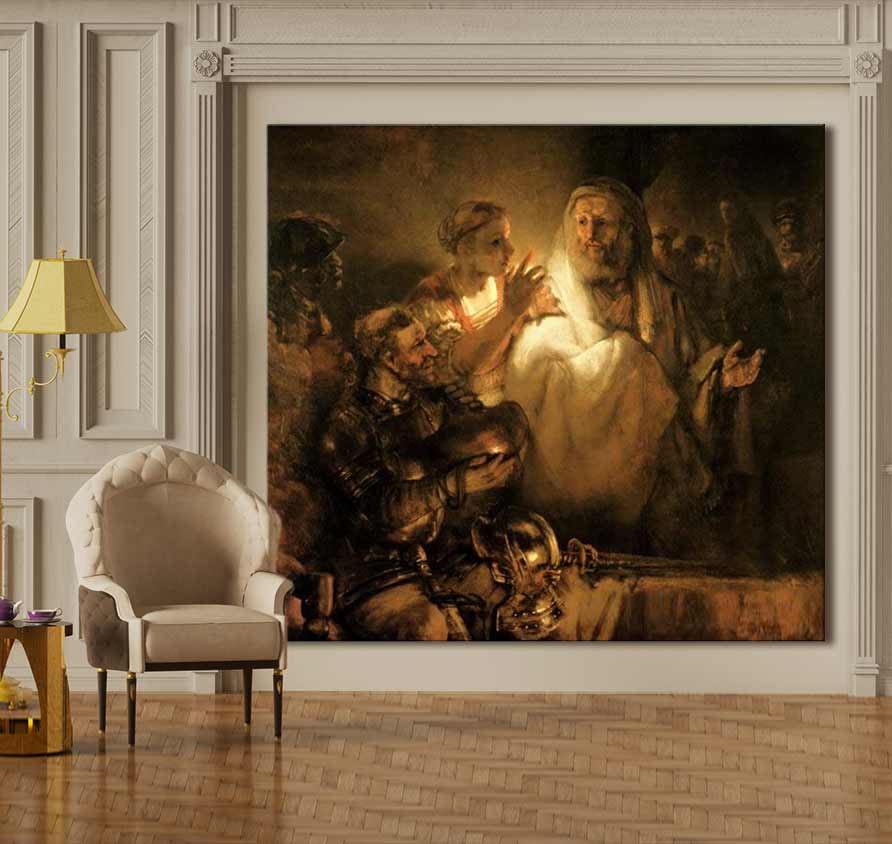 Rembrandt van Rijn – De Ontkenning van Petrus: Barok olieverfschilderij met drie figuren in clair-obscur. Geschilderd op museumkwaliteit canvas, zonder lijst benodigd.
