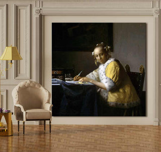 Johannes Vermeer – Dame Schrijft Brief: Handgeschilderd olieverfschilderij, jonge vrouw met quill. Hoge kwaliteit, geen lijst nodig. Perfect voor interieurdesign, direct ophangbaar.