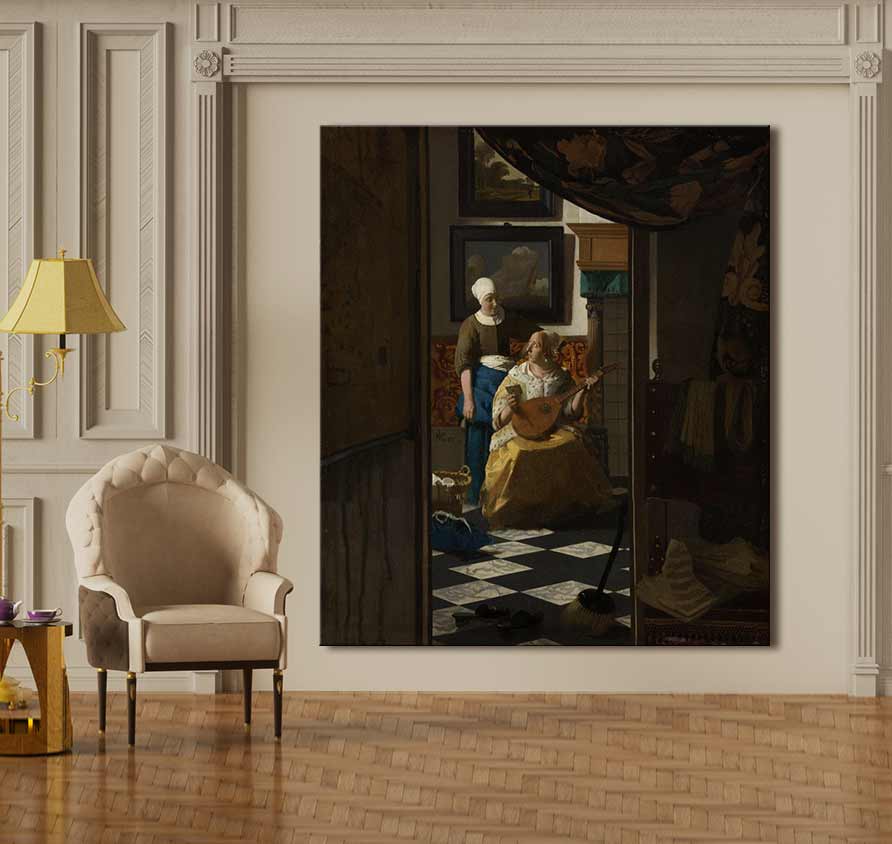 Twee vrouwen in een 17e-eeuws interieur bij een luit – Johannes Vermeer, De Liefdesbrief. Hoogwaardig olieverfschilderij, barokke stijl, gespannen op houten frame.
