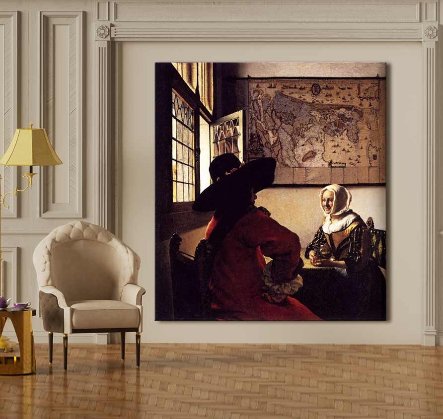 Johannes Vermeer – Officier met een Lachend Meisje: Klassiek olieverfschilderij op canvas, perfect voor interieurontwerp. Te zien in moderne zithoek met klassieke stijl.