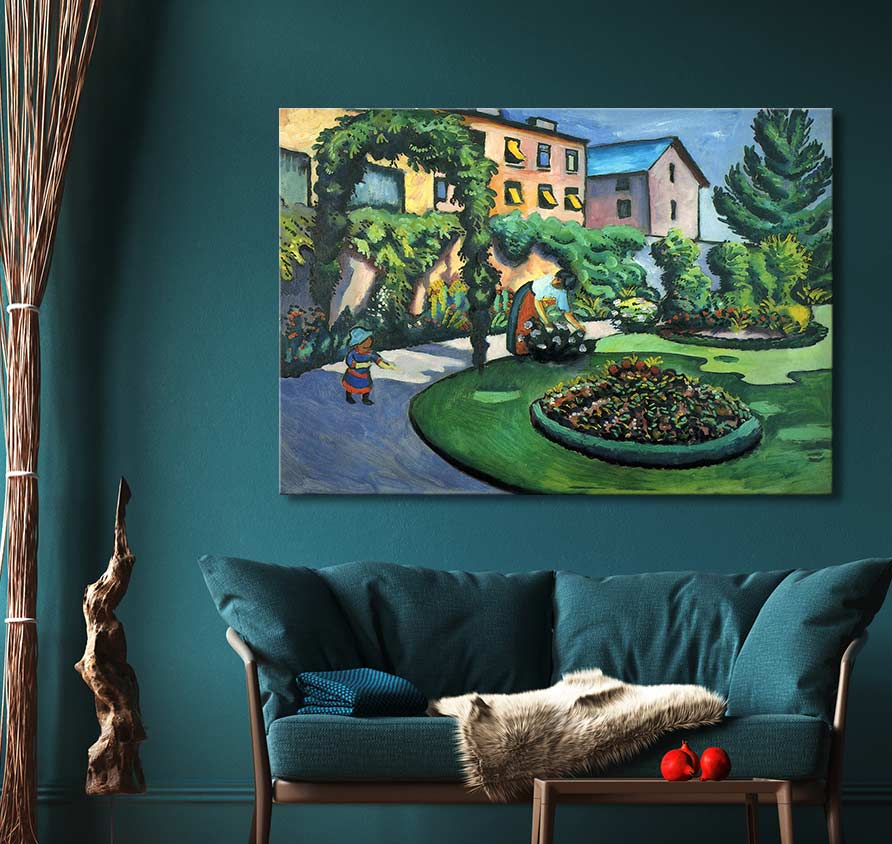 Schilderij August Macke – Leraren in de Tuin: expressief tuinlandschap met kind en volwassene; handgeschilderd olieverf op canvas, klaar om op te hangen.