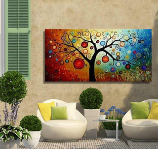 Appelboom - Olieverf op canvas: Abstract schilderij van een appelboom met kleurrijke, cirkelvormige patronen, perfect voor natuur geïnspireerde interieurs.
