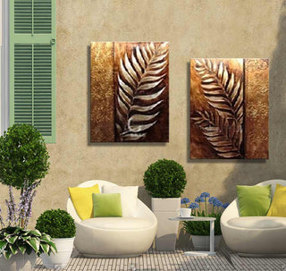 2-Luik Golden Leafs - Acrylverf op canvas: Twee vierkante panelen met reliëf bladmotief, ideaal voor moderne interieurs of tuinen. Geschikt voor directe ophanging.