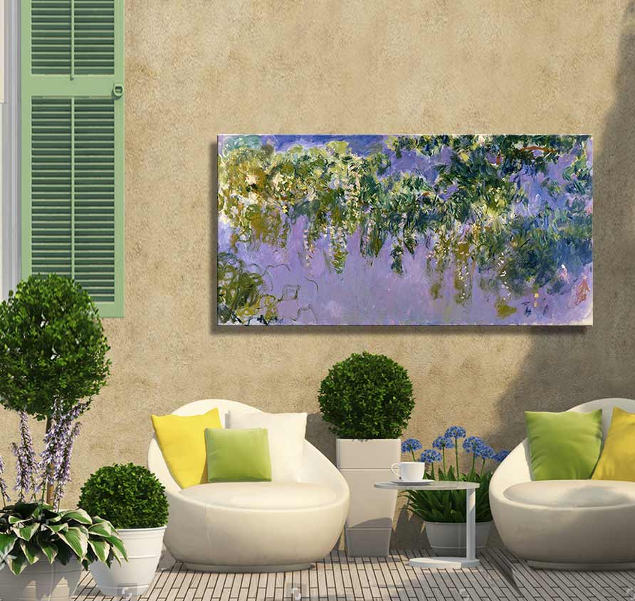 Claude Monet – Cypressen in Bloei: impressionistisch schilderij met bloeiende cyprestakken, opgehangen op een zonnig terras, omgeven door modern lounge meubilair en planten.