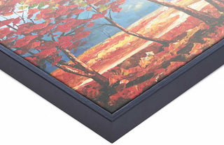Zwarte Baklijst: Dark blue frame encases an oil-style autumn landscape, showcasing vibrant tree trunks. Ideal for enhancing interior design with modern artistry.