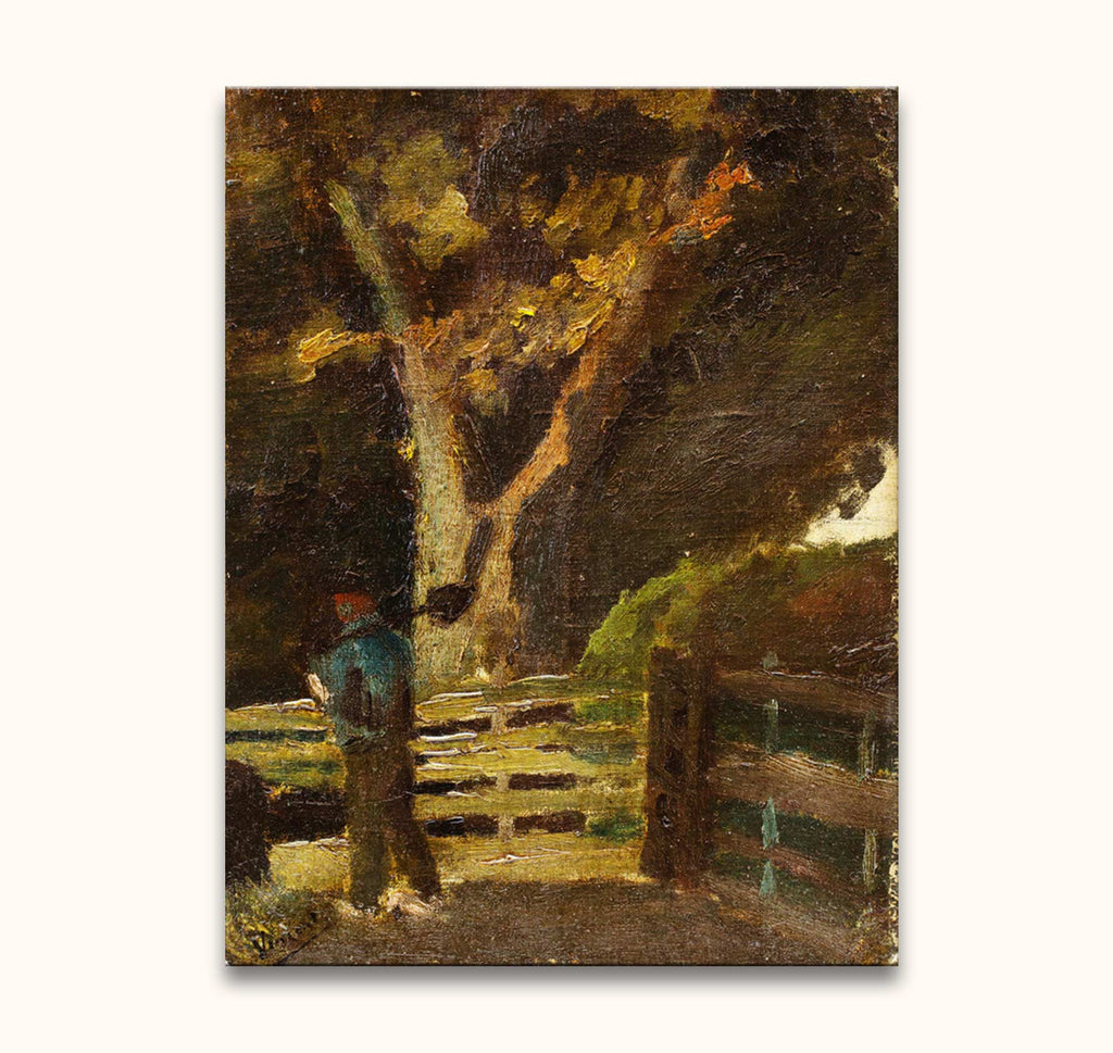 Vincent van Gogh's Boer met Stok en Spade, a hand-painted oil scene of a rustic man by a fence, captures tranquil countryside life.