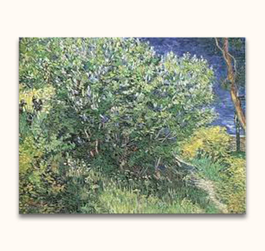 Vincent van Gogh - De Seringen, an Impressionist-style oil painting depicting a leafy shrub, dirt path, and blue water. Ready-to-hang, museum-quality canvas.