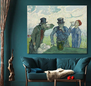 Vincent van Gogh's De Drinkers framed artwork above a teal mid-century sofa, styled with natural decor and apples on a side table.