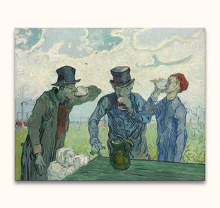 Vincent van Gogh - De Drinkers: Hand-painted oil on canvas depicting three men and a child at a table, capturing Van Gogh's unique impressionistic style.