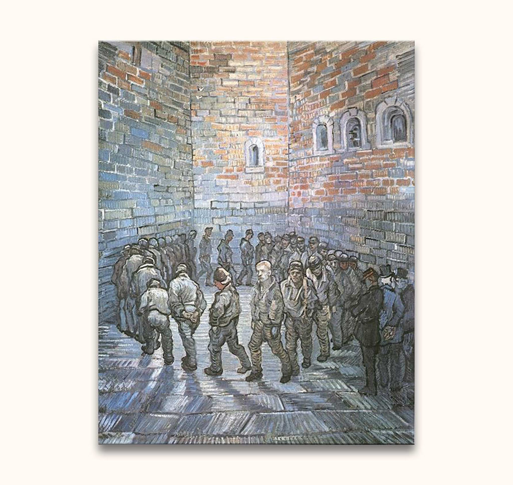 Vincent van Gogh's Prisoners Exercising painting features inmates circling a courtyard, showcasing impressionistic style. Hand-painted on quality canvas, ready to hang.
