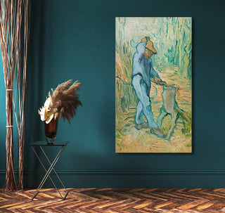 Vincent van Gogh - De Houthakker: Hand-painted oil painting of a man splitting wood, displayed in an elegant interior with side table and vase.