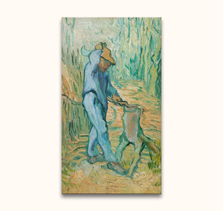 Vincent van Gogh's De Houthakker depicts a lone woodsman wielding an axe amid swirling greens and ochres, capturing post-impressionist vibrancy.