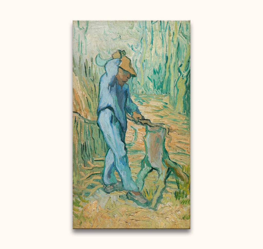 Vincent van Gogh's De Houthakker depicts a lone woodsman wielding an axe amid swirling greens and ochres, capturing post-impressionist vibrancy.