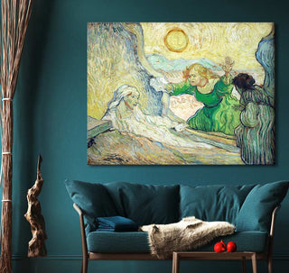 Vincent van Gogh's 'De Opwekking van Lazarus' painting hangs above a teal sofa, adding a touch of Post-Impressionist charm to this living-room setting.