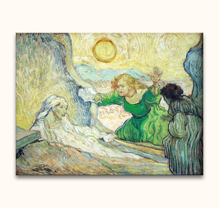 Vincent van Gogh's De Opwekking van Lazarus shows three figures in a biblical resurrection scene, painted in vibrant post-Impressionist style with swirling skies.
