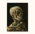 Vincent van Gogh's Kop van een Skelet met Brandende Sigaret depicts a skeleton with a cigarette, showcasing impressionist style. Hand-painted, ready to hang.