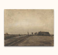 Vincent van Gogh - Landschap in Drenthe, a hand-painted oil sketch of a 17th-18th century rural landscape featuring a lone rider, farmhouse, and expansive sky.