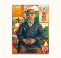 Vincent van Gogh - Portret van Père Tanguy: Impressionist oil painting of an older man seated, with Japanese prints in the background. Hand-painted, museum-quality canvas.