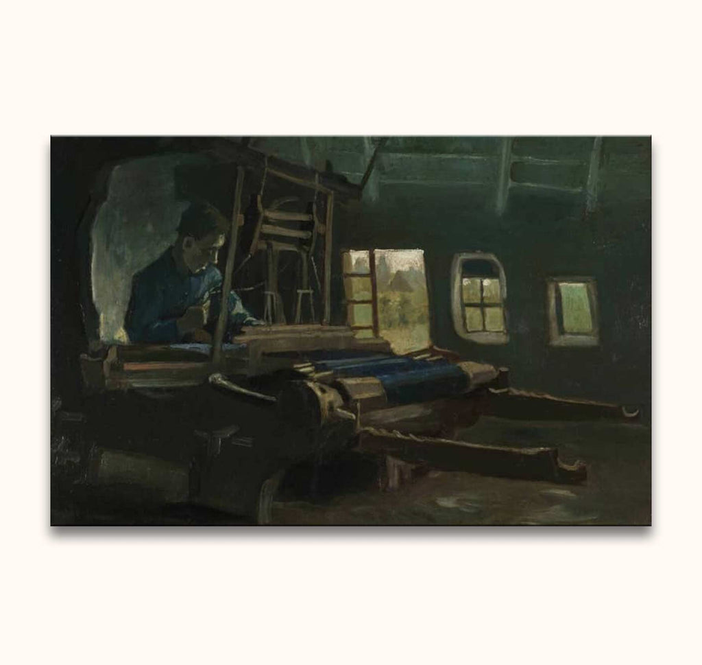 Vincent van Gogh's 'Weefgetouw met Wever' oil painting depicts a lone weaver at a loom in a sunlit workshop. Perfect for modern impressionist art lovers.