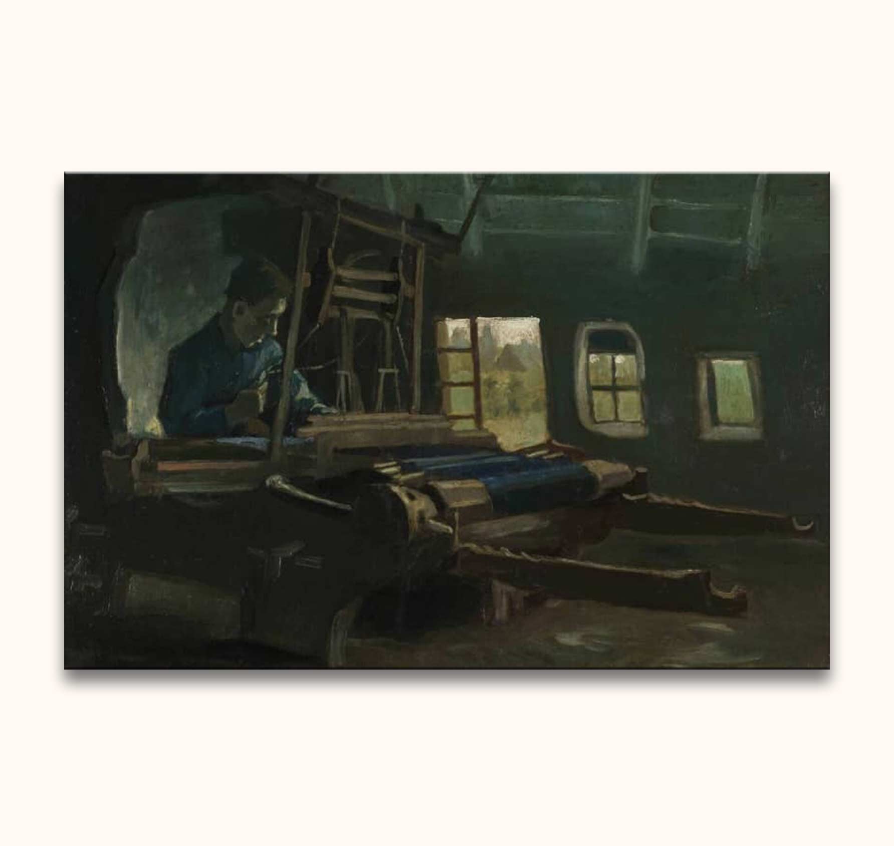 Vincent van Gogh's 'Weefgetouw met Wever' oil painting depicts a lone weaver at a loom in a sunlit workshop. Perfect for modern impressionist art lovers.