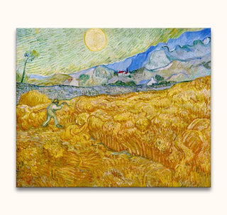 Vincent van Gogh's Korenveld achter Saint Pau Ziekenhuis, a hand-painted oil artwork depicting a reaper in a vibrant wheat field, ready for immediate display.